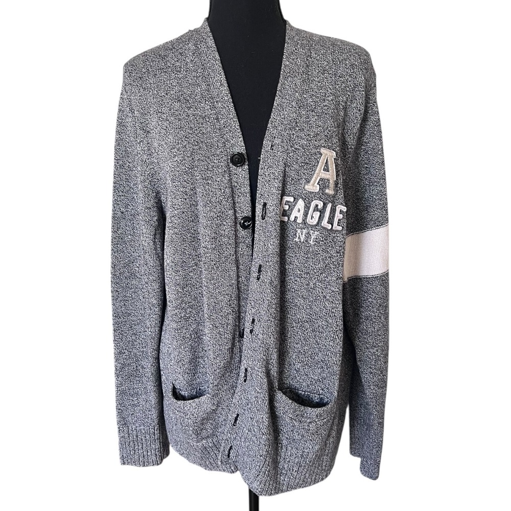 American Eagle Outfitters Womens XL Grey Varsity Cardigan Patch Stripe Flaw